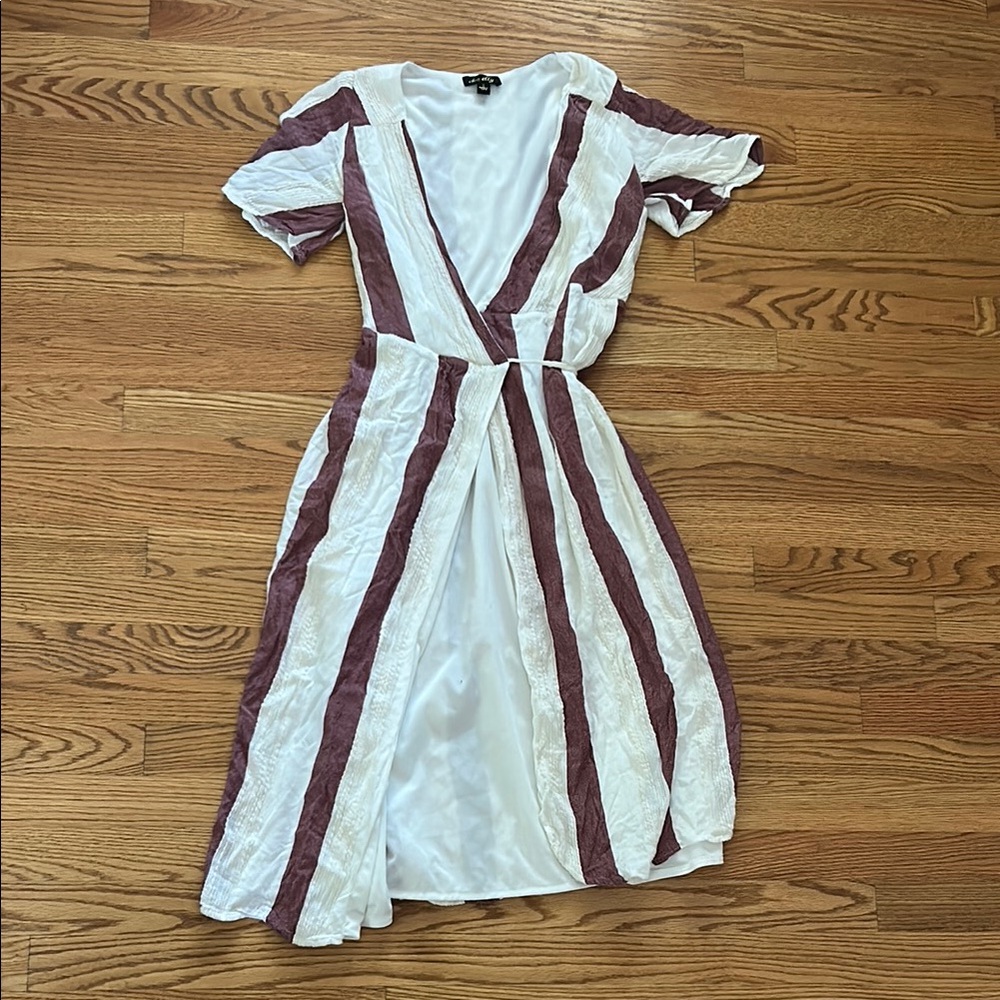Striped Cream and Burnt Red Wrap Midi Dress